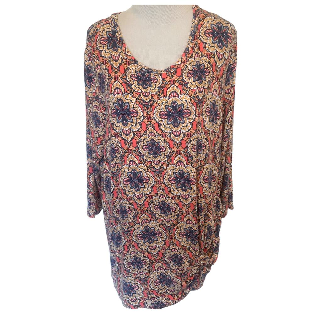 Westport Medallion Knit Top Womens Size 1X Coral W/ Twist Knot Hem Blouse